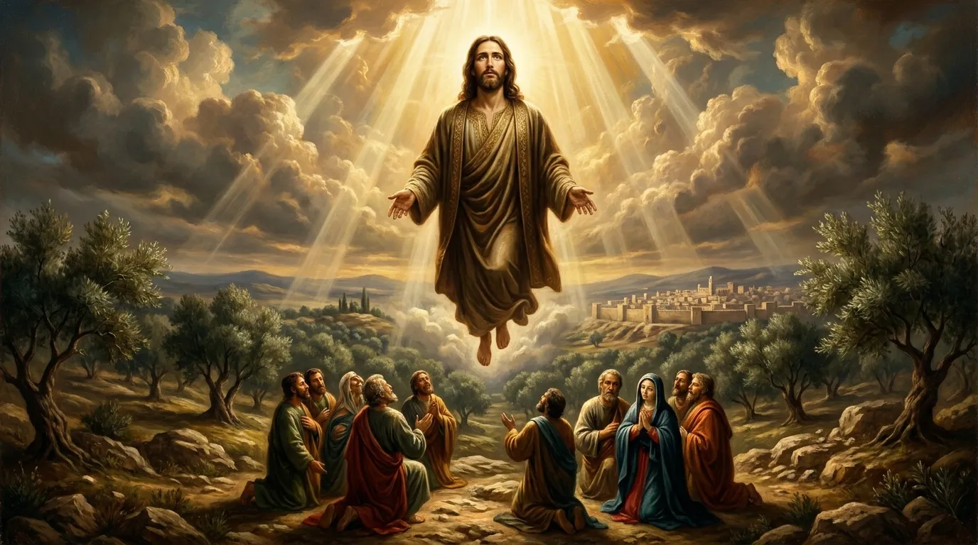 Fête de l'Ascension, 40 jours après Pâques, le Christ monte au ciel sous le regard des apôtres