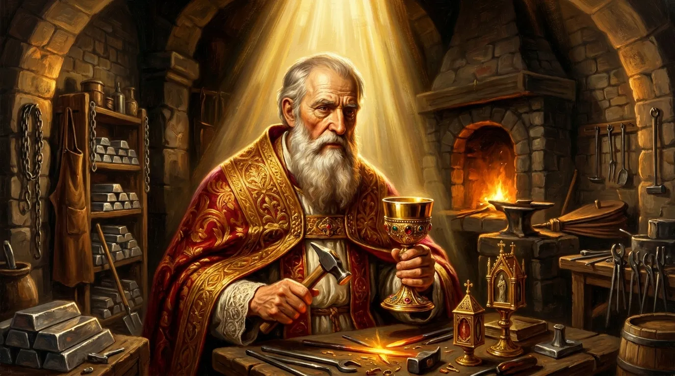 Portrait de saint Éloi, orfèvre mérovingien du VIIe siècle, évêque de Noyon et patron des forgerons