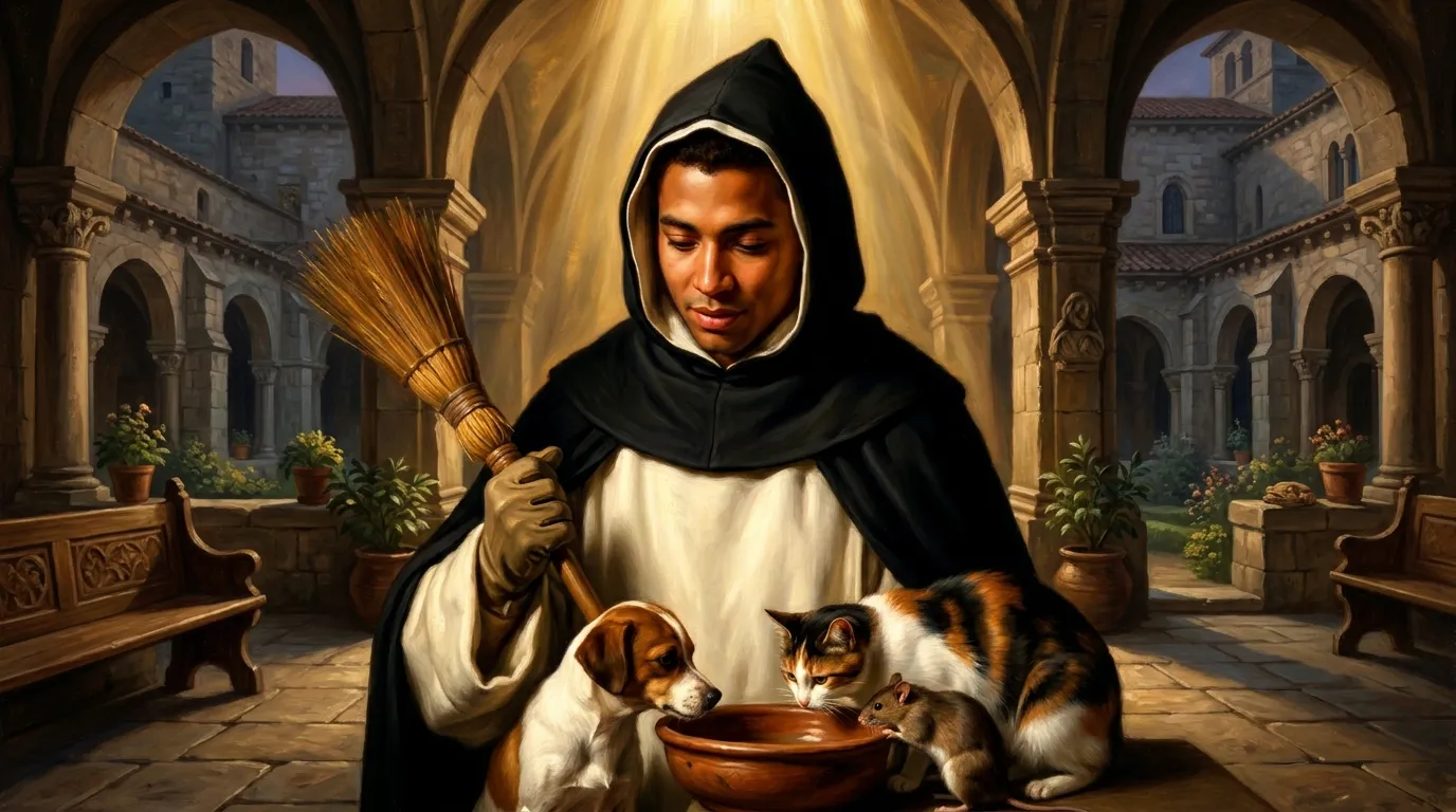 Portrait de saint Martin de Porrès, frère convers métis du Pérou au XVIIe siècle, premier saint noir des Amériques