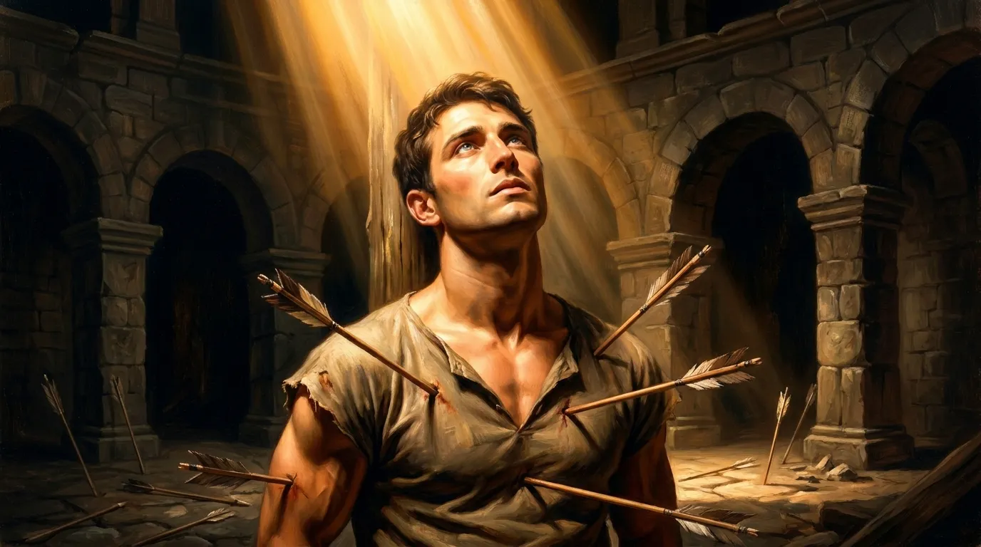 Portrait de saint Sébastien, soldat romain du IIIe siècle, martyr percé de flèches, patron des archers