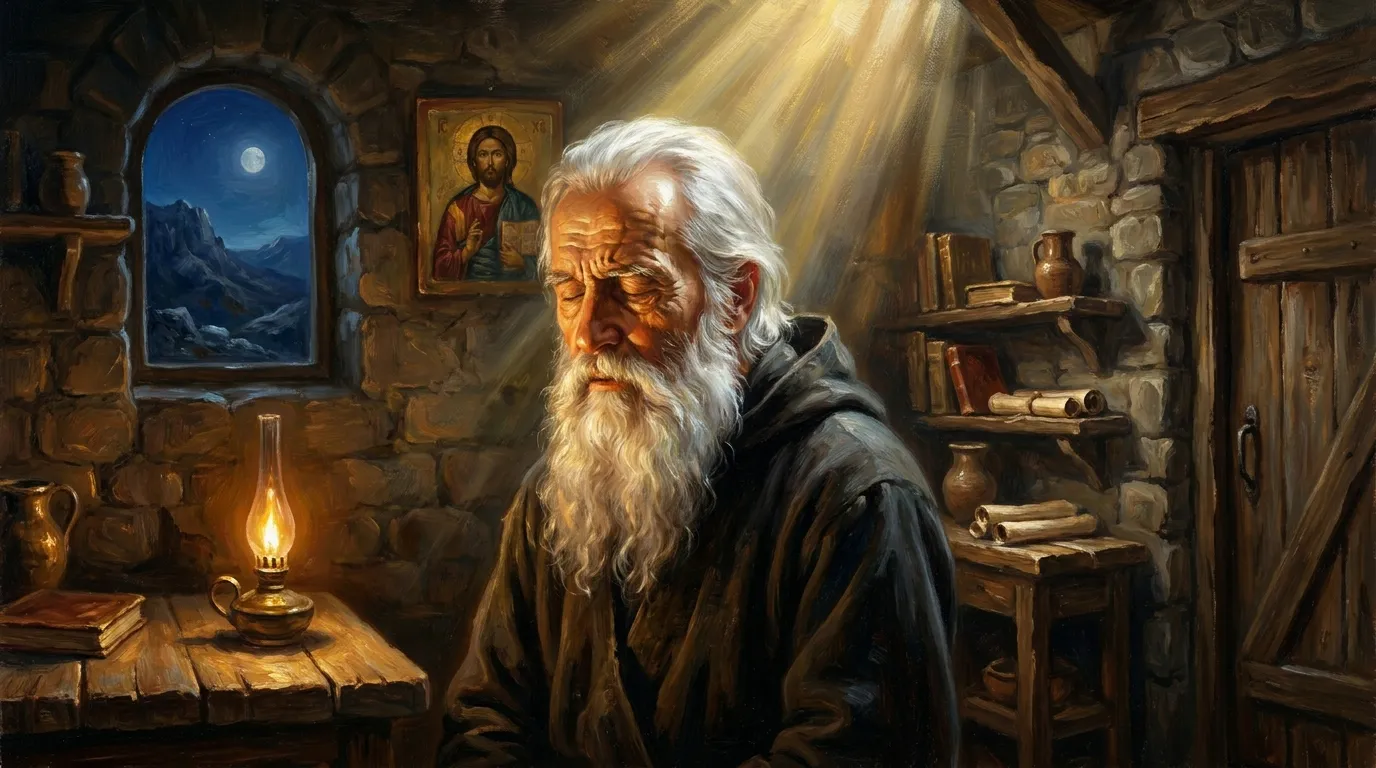 Portrait de saint Silouane l'Athonite, moine russe orthodoxe du Mont Athos au XXe siècle