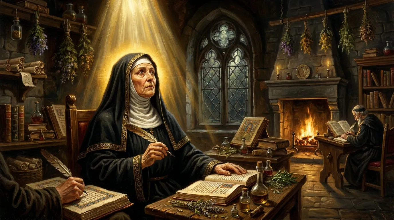 Portrait de sainte Hildegarde de Bingen, abbesse mystique du XIIe siècle, docteur de l'Église