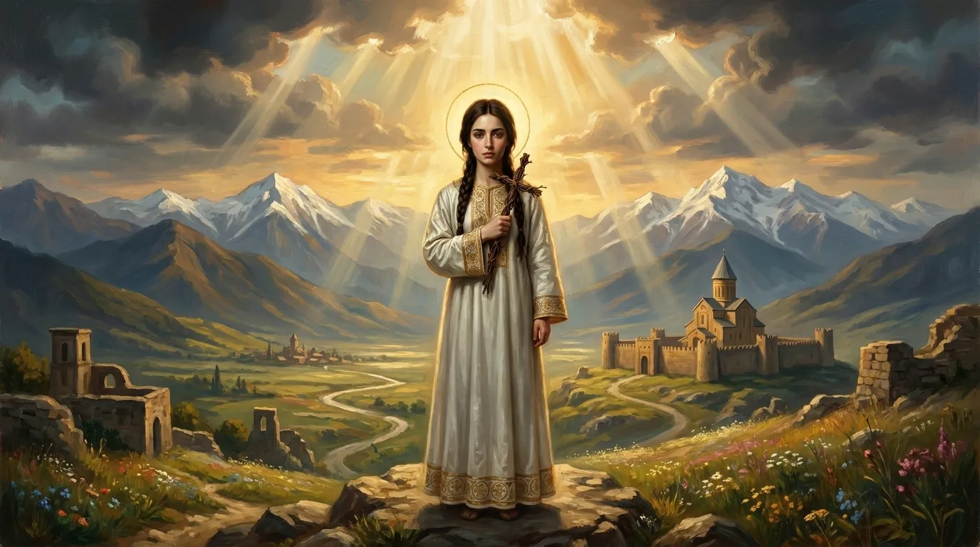 Portrait de sainte Nino, apôtre de la Géorgie au IVe siècle, croix de vigne