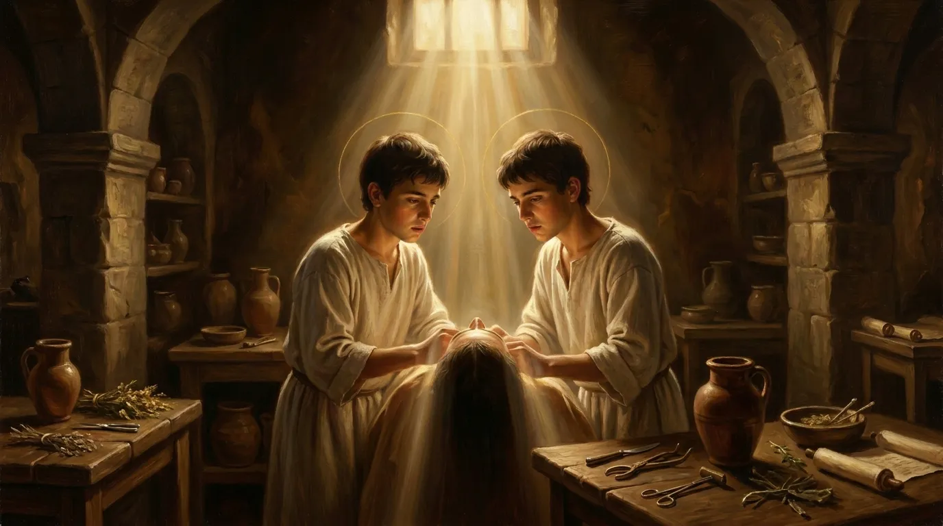 Portrait de saints Côme et Damien, médecins jumeaux martyrs, patrons des soignants
